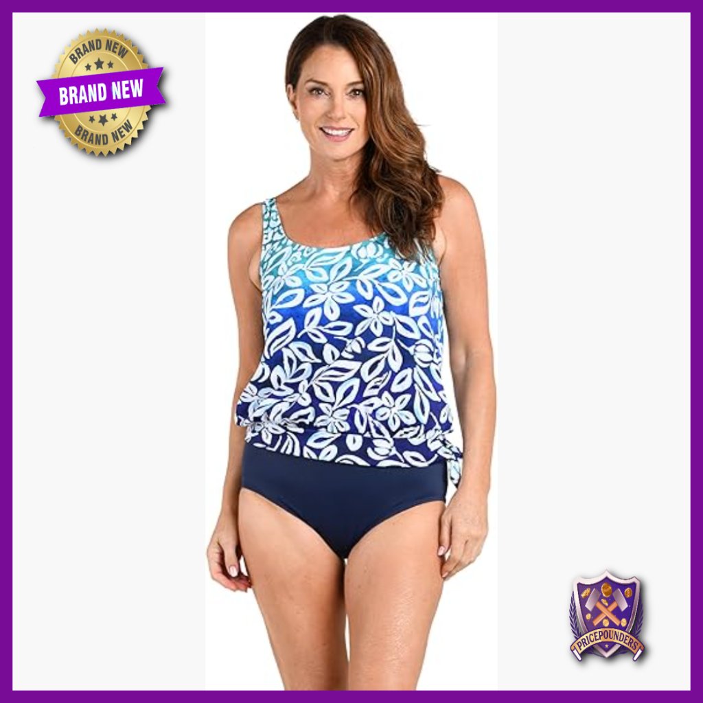Side Tie Scoop Neck Tankini Top, Blouson Design, Molded Cups, Size 14